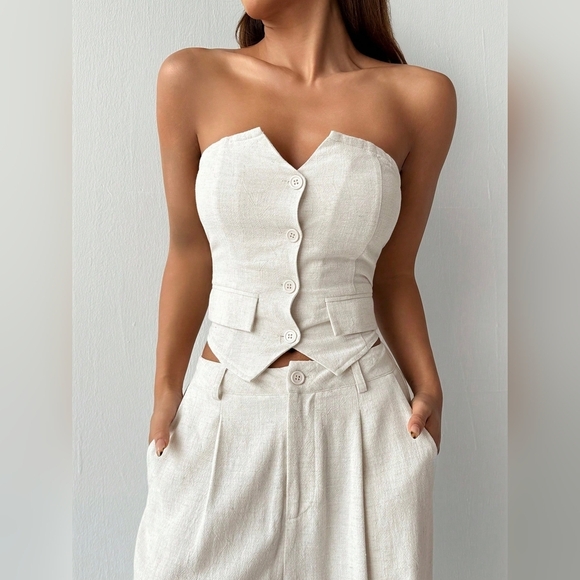 Ladies' Linen Simple Solid Color Tube Top And Long Pants Two-Piece Set - Picture 6 of 7